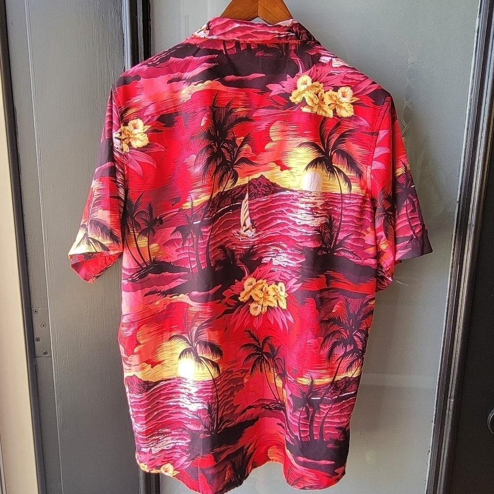 Design in Italy Luxury Men's Hawaiian Shirt Button Up Ocean Palm Sunset Red Med - Picture 2 of 9